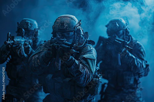 Special Forces soldiers conduct drill in dramatic, smoky environment, showcasing their tactical skills and teamwork. intensity of moment is palpable as they prepare for action