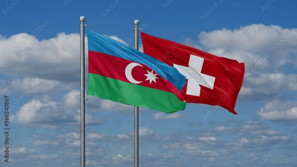 Switzerland and Azerbaijan flags flying together, video concept of the relationship, two country cooperation concept Switzerland and Azerbaijan flags flying together, video concept of the relationship, two country cooperation concept