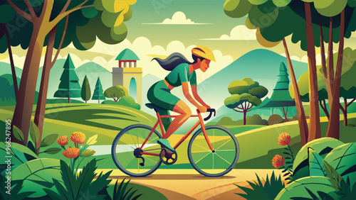  vector illustration showcasing the benefits of outdoor exercise. cyclist riding through a peaceful park, vector art illustration