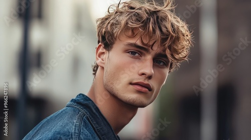 A young man with a textured, tousled hairstyle, with natural waves and casual look, captured in a relaxed, informal setting to emphasize everyday style.