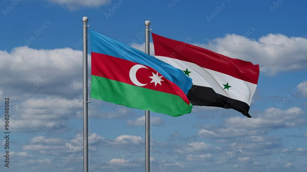 Syrian Arab Republic, Syria and Azerbaijan flags flying together, video concept of the relationship, two country cooperation concept Syrian Arab Republic, Syria and Azerbaijan flags flying together, video concept of the relationship, two country cooperation concept