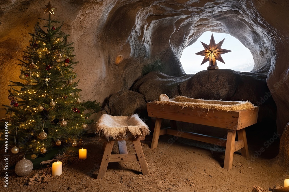 Fototapeta premium Heartfelt Christmas Scene: Old Wooden Manger and Star of Bethlehem in a Sacred Cave