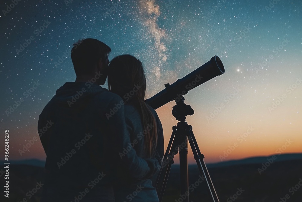 Couple stargazing with telescope under milky way at dusk Couple stargazing with telescope under milky way at dusk