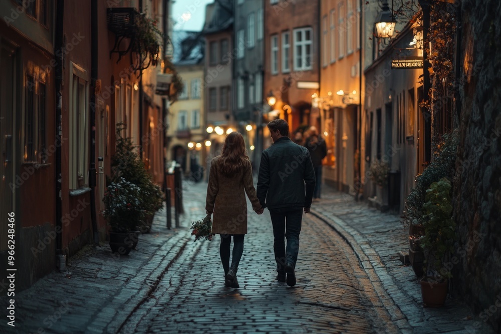 Couple strolling hand in hand along a romantic cobblestone street at dusk Couple strolling hand in hand along a romantic cobblestone street at dusk