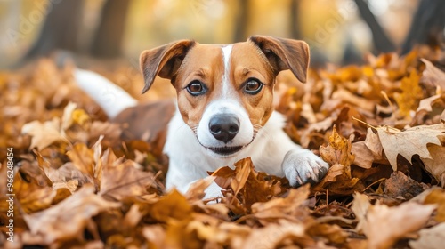 An adorable dog with a wagging tail playing in a pile of autumn leaves, showcasing its playful nature and the vibrant colors of fall.