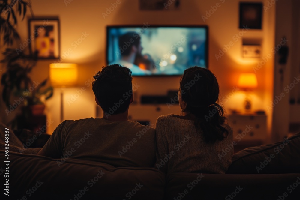 Cozy evening indoors: couple watching movie together in warmly lit living room ambiance Cozy evening indoors: couple watching movie together in warmly lit living room ambiance