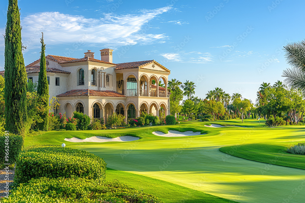 Fototapeta premium A luxury mansion exterior with stunning golf course view, surrounded by lush greenery and palm trees, creates serene and elegant atmosphere