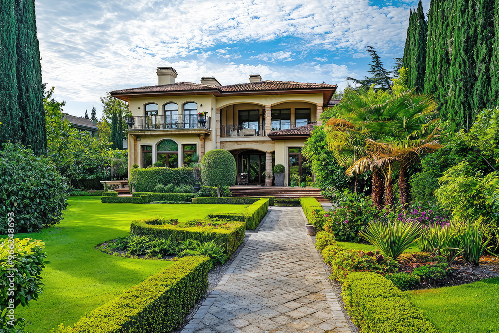 Luxurious mansion exterior featuring manicured garden with lush greenery, palm trees, and neatly trimmed hedges, creating an inviting and serene atmosphere Luxurious mansion exterior featuring manicured garden with lush greenery, palm trees, and neatly trimmed hedges, creating an inviting and serene atmosphere