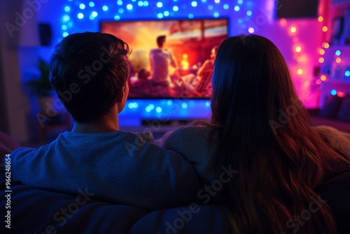 Cozy couple enjoying movie night with colorful led lighting at home