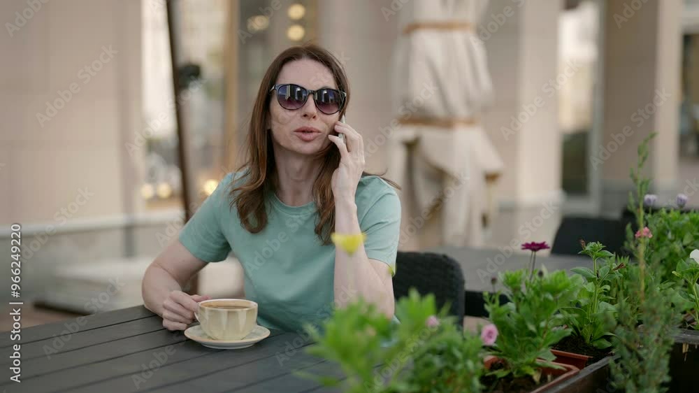 A woman in a green T-shirt is sitting at an outdoor cafe table with coffee in her hand. There are flowers and an urban atmosphere around, her relaxed expression creates a cozy picture. A woman in a green T-shirt is sitting at an outdoor cafe table with coffee in her hand. There are flowers and an urban atmosphere around, her relaxed expression creates a cozy picture.