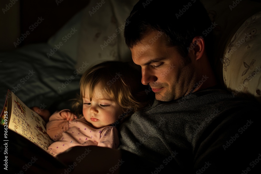 Father and daughter reading book together at bedtime in cozy setting Father and daughter reading book together at bedtime in cozy setting