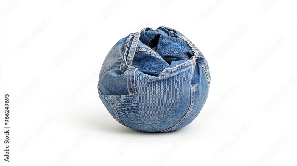 A single pair of blue jeans is crumpled into a round ball shape, with the seams and stitching visible. The jeans are placed on a plain white background, creating a stark contrast and highlighting the A single pair of blue jeans is crumpled into a round ball shape, with the seams and stitching visible. The jeans are placed on a plain white background, creating a stark contrast and highlighting the