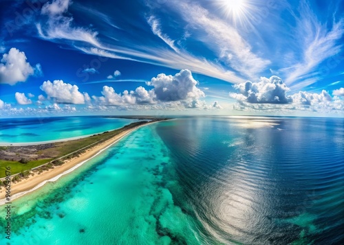 Panoramic aerial view of turquoise ocean waters stretching 360 degrees to the horizon, meeting the blue sky at photo