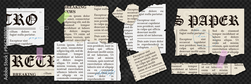 Set of Torn newspaper sheets of paper with clippings text in grunge style. Vector pieces of ripped scrap paper in cage and lines. Vintage vector elements collection for collage.