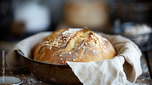 A charming image featuring a round loaf of bread topped with oats, placed in a rustic setting, evoking feelings of homeliness and the artisanal appeal of traditional baking. photo