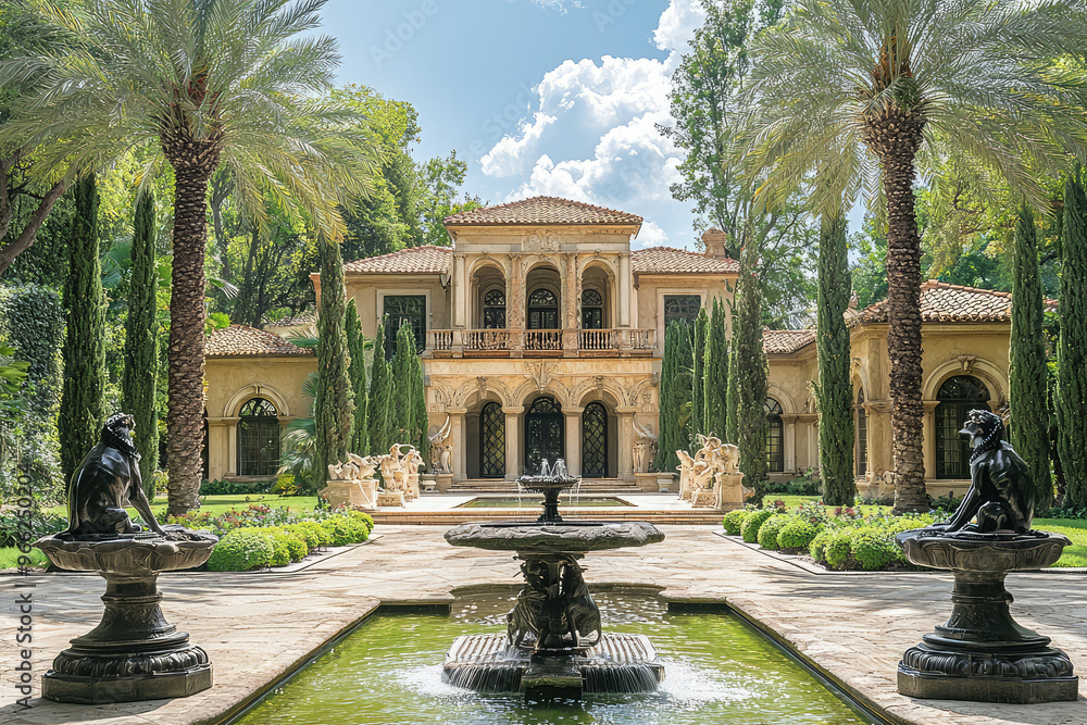 Obraz premium A luxury mansion exterior featuring private zoo and exotic landscaping, surrounded by palm trees and elegant sculptures. serene atmosphere invites admiration and tranquility