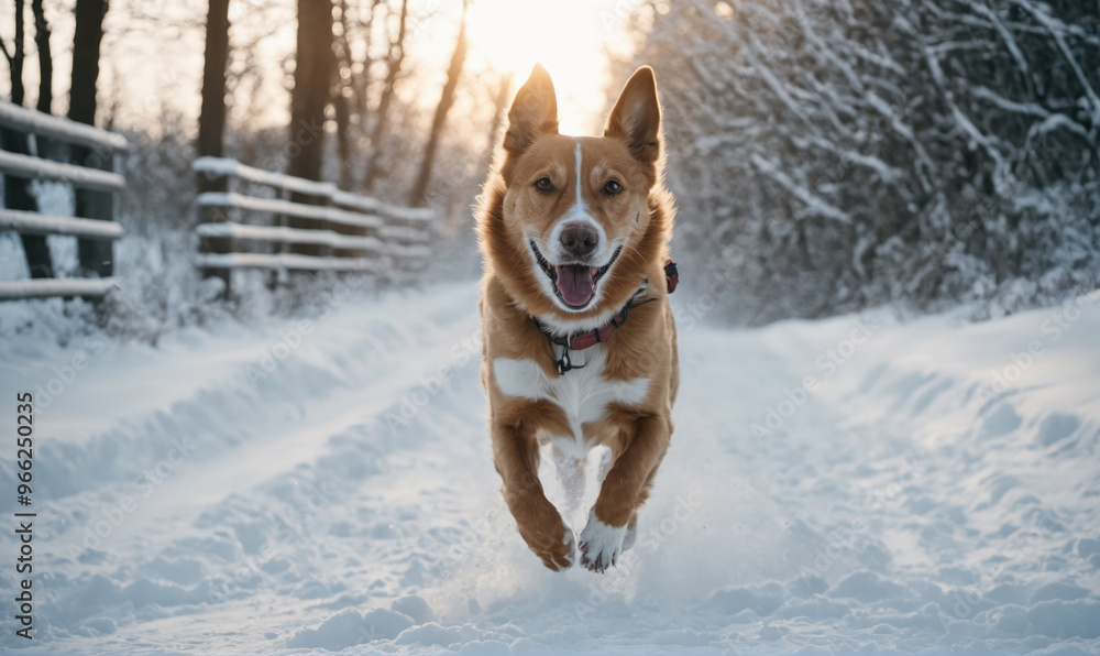 A happy dog runs through the snow on a winter day A happy dog runs through the snow on a winter day