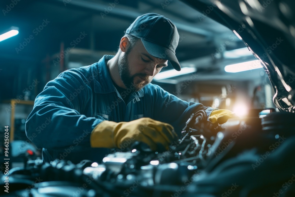 Mechanic in blue coveralls fixing car engine in auto repair shop Mechanic in blue coveralls fixing car engine in auto repair shop