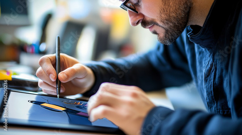 Graphic designer working on a digital illustration using a drawing tablet and stylus photo