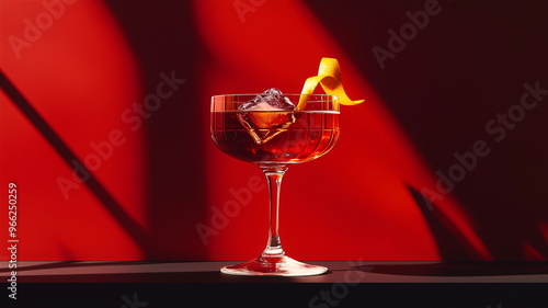 Wallpaper Mural Coupe glass with ice cube, orange peel garnish, and red light in minimalist cocktail scene Torontodigital.ca