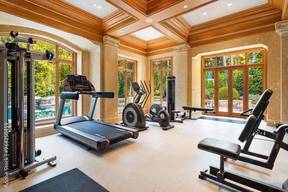 Fototapeta premium A luxury home gym featuring state of art equipment, including treadmill, elliptical, and weight bench, surrounded by large windows that offer view of outdoor pool area