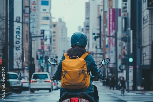 Urban exploration: woman on scooter with yellow backpack in bustling cityscape