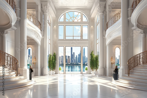 A luxury mansion interior featuring grand foyer with large windows showcasing stunning city view. elegant design includes marble floors and ornate staircases, creating sophisticated atmosphere