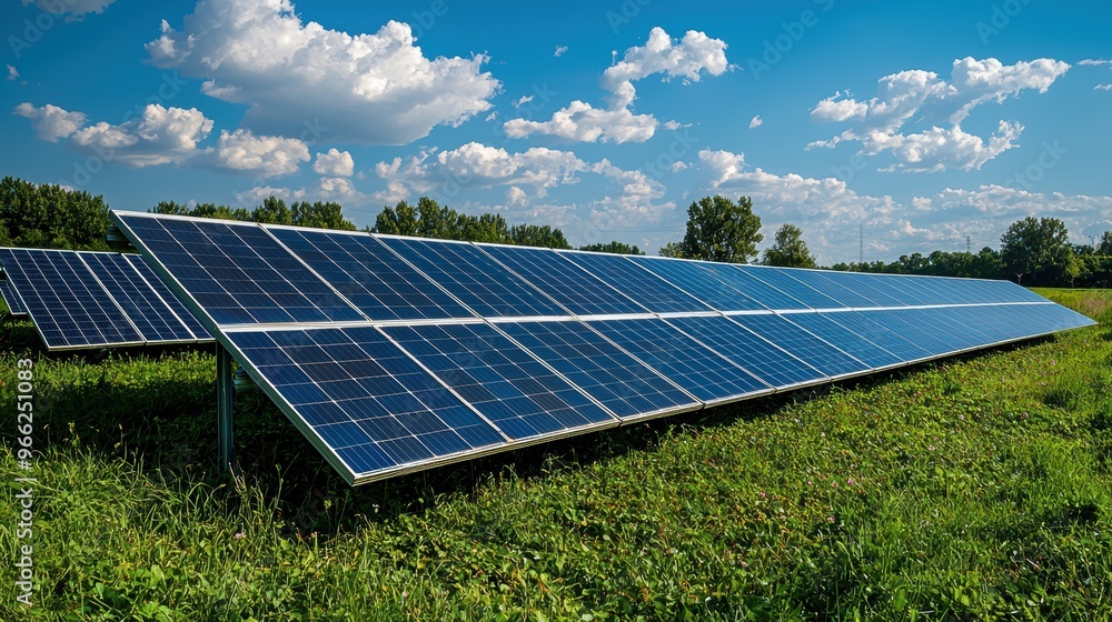 Bright solar panels in a green field under a clear blue sky, showcasing renewable energy and sustainable technology. Bright solar panels in a green field under a clear blue sky, showcasing renewable energy and sustainable technology.