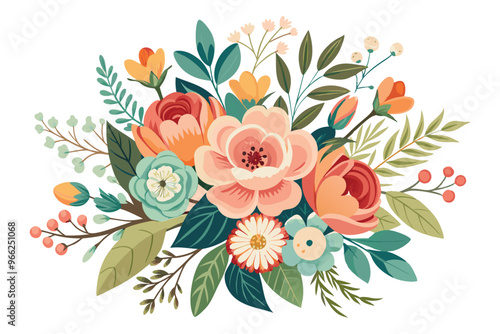 Vintage flower watercolor spring concept. Vintage flowers bouquet with spring flowers and leaves for invitation, vector art illustration .AI GENERATED
