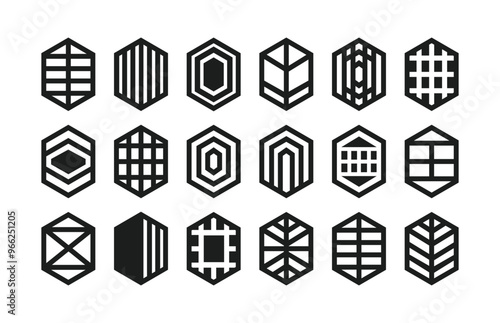 Black assorted isolated thick outline pointy hexagon shapes emblems icons set design elements on white background