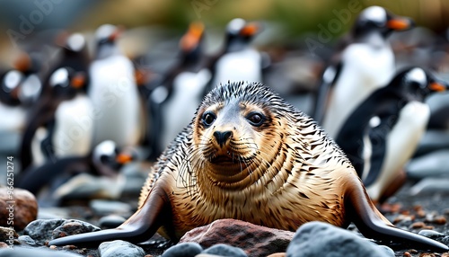 Playful seals basking on rocky beach with curious penguins observing nearby along the shoreline photo