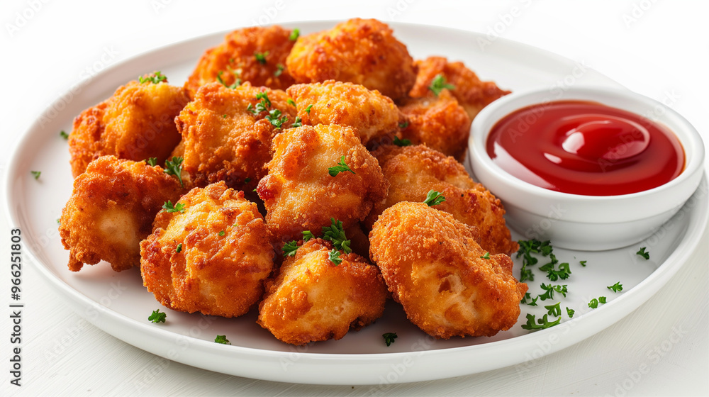 Bite-sized pieces of golden fried chicken served with a dollop of ketchup for dipping, perfectly garnished with fresh parsley for a delightful appetizer or snack. Bite-sized pieces of golden fried chicken served with a dollop of ketchup for dipping, perfectly garnished with fresh parsley for a delightful appetizer or snack.