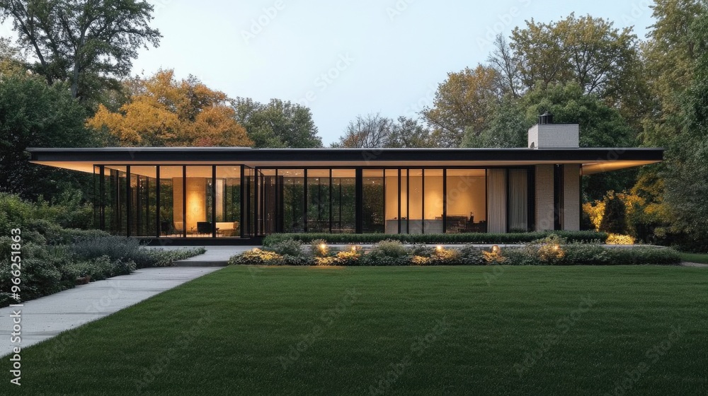 Fototapeta premium An exterior view of a contemporary minimalist house with a flat roof, large glass panels, and a simple, clean facade, surrounded by well-maintained landscaping.