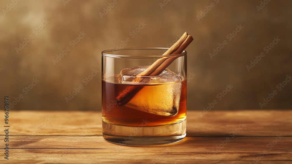 Classic Old Fashioned cocktail with cinnamon stick garnish and ice cubes Classic Old Fashioned cocktail with cinnamon stick garnish and ice cubes