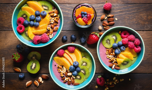 Wallpaper Mural Three bowls of fruit salad, with peach, kiwi, blueberries, and raspberries, are arranged on a wooden table Torontodigital.ca