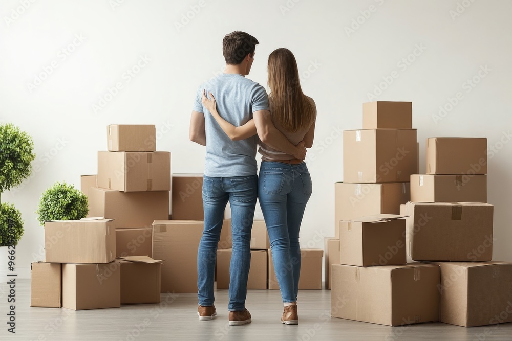 Couple embracing while moving into new home surrounded by boxes Couple embracing while moving into new home surrounded by boxes