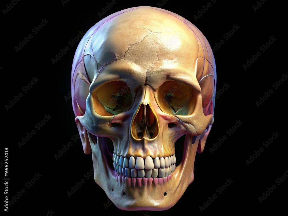 Realistic 3D illustration of the human skull anatomy showcasing cranial bones, sphenoid, and mandible, with intricate Realistic 3D illustration of the human skull anatomy showcasing cranial bones, sphenoid, and mandible, with intricate