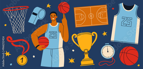 Collection of basketball equipment and clothes. Young man with basketball balls. Uniform, basket, ball, whistle, field and awards isolated on dark background.