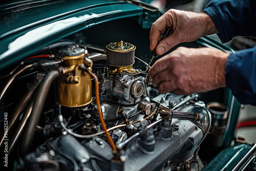 A mechanic adjusting carburetor on classic car, showcasing skilled hands working meticulously on engine. intricate details of engine components highlight craftsmanship involved in automotive repair