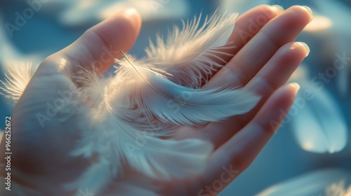 Hand holding soft white feather in delicate light photo