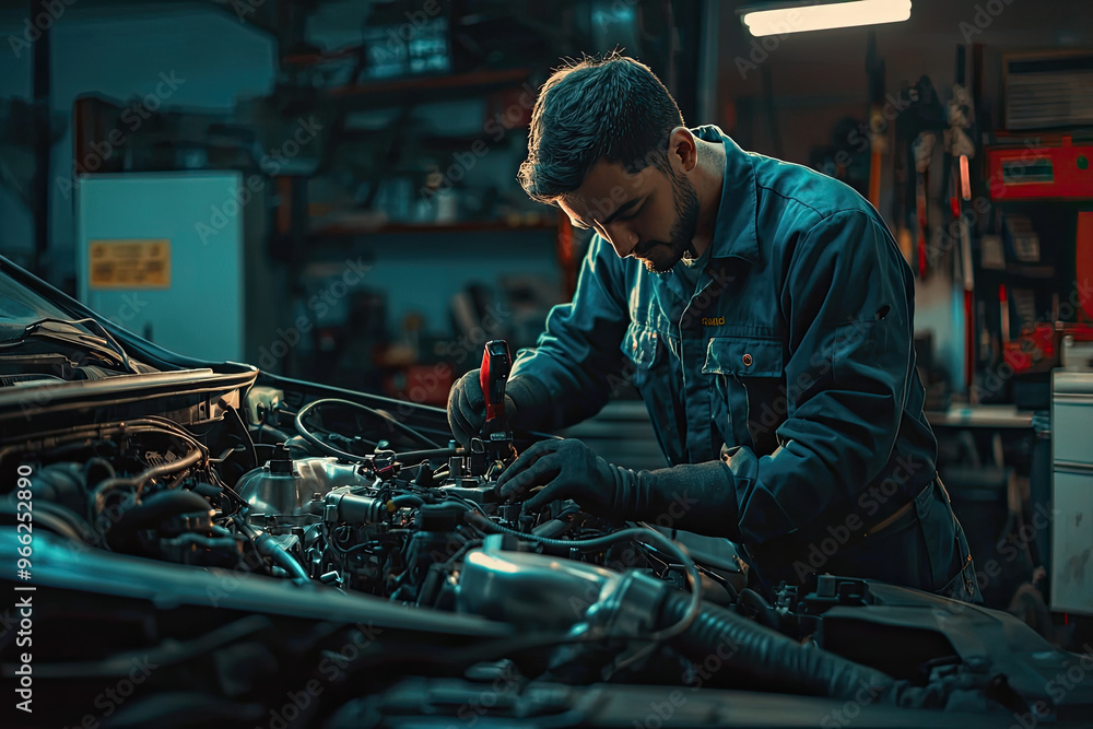 A mechanic working diligently on car engine in garage, showcasing expertise and focus. environment is filled with tools and equipment, highlighting intricate process of automotive repair A mechanic working diligently on car engine in garage, showcasing expertise and focus. environment is filled with tools and equipment, highlighting intricate process of automotive repair