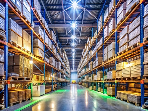 Rear view of a sprawling warehouse with rows of shelves stacked high with boxes and crates, illuminated by