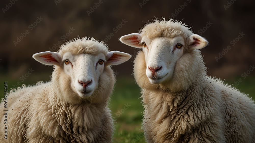 Two sheep graze peacefully green field under an open sky. Two sheep graze peacefully green field under an open sky.