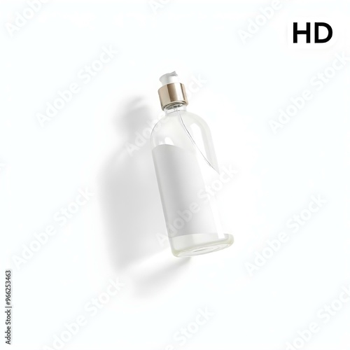 Artistic cosmetic bottle mockup featuring a unique shape, suspended in mid-air with dramatic lighting creating a halo effect, against a plain white background, high resolution HD dark background