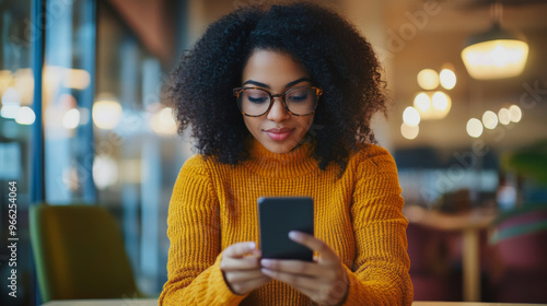 Social media content creator planning a new post on a smartphone while sitting at a modern workspace photo