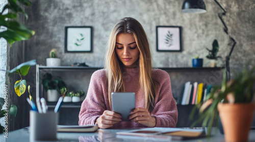 Social media content creator planning a new post on a smartphone while sitting at a modern workspace