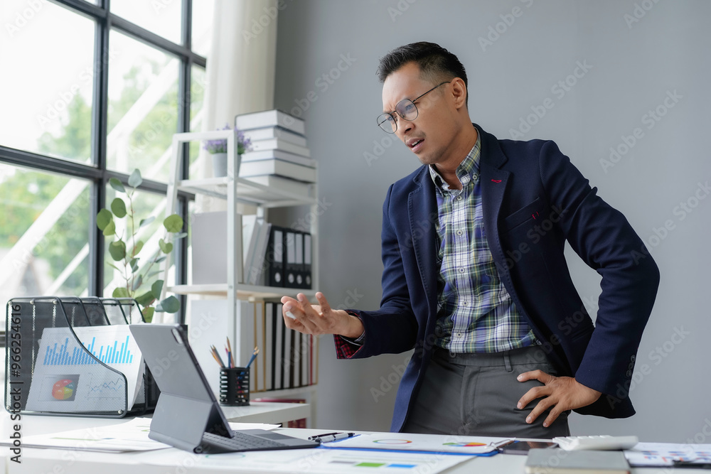 Obraz premium Frustrated asian businessman having video call using tablet in office