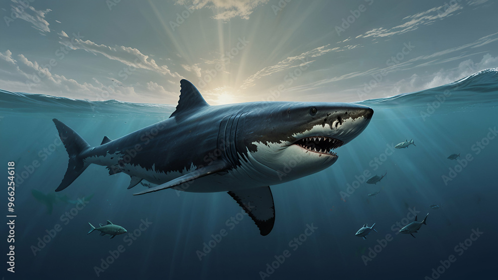 Fototapeta premium great shark glides through the deep blue sea powerful and majestic.