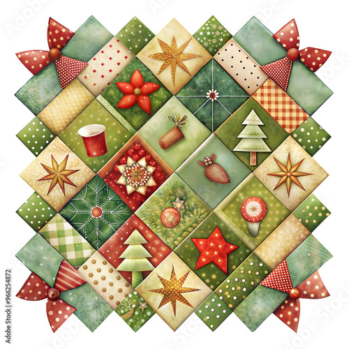 Christmas patchwork quilt with stars, trees, and festive icons
