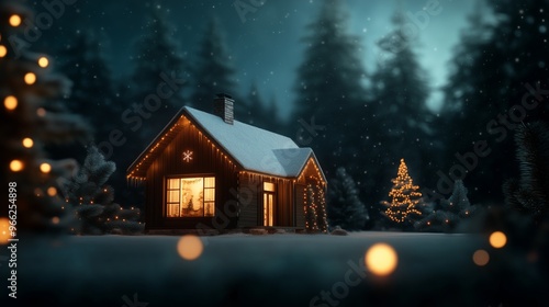 A warmly lit cabin decorated for Christmas stands in a snowy landscape at night